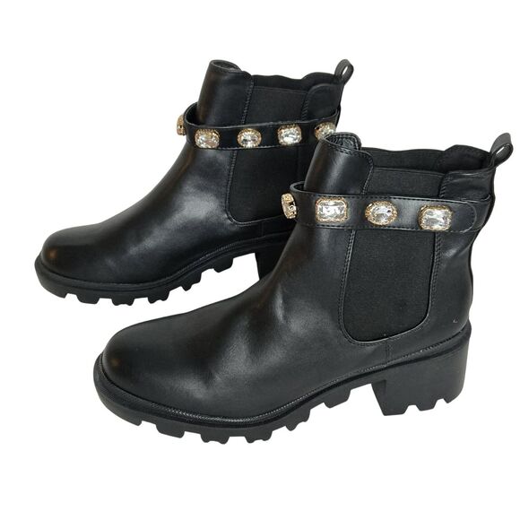 Mata Faux Leather Jeweled Embellished Pull On Chunky Heel Ankle Boot Sz 11 NWOB - Picture 2 of 5